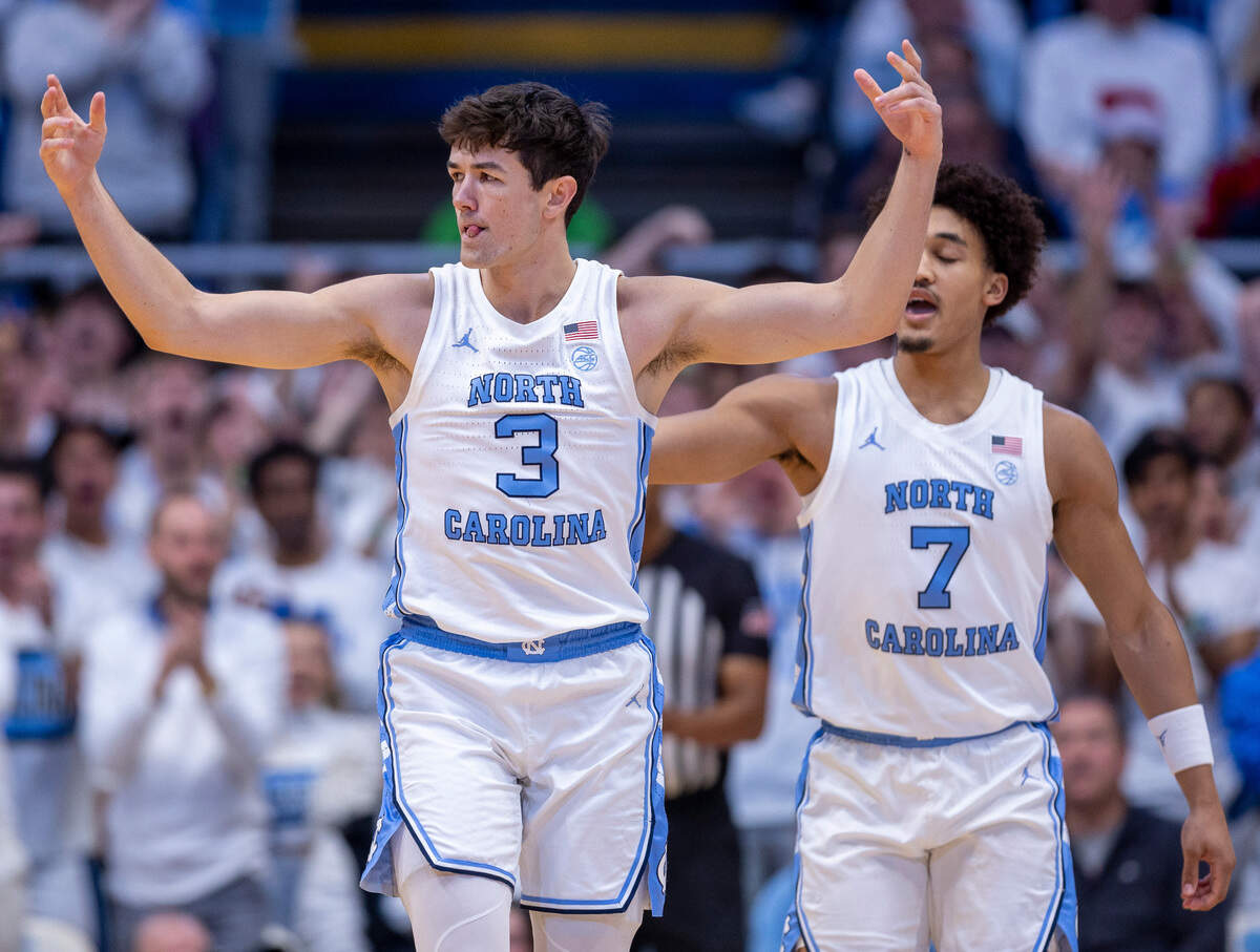 North Carolina’s Cormac Ryan (3) reacts after sinking a three point basket in the first half against Tennessee on Wednesday, November 29, 2023 at the Smith Center in Chapel Hill, N.C.