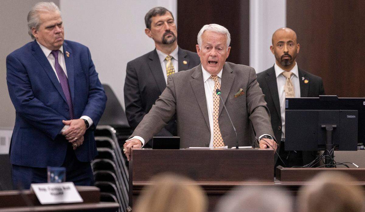 Rep. Hugh Blackwell, of Valdese, N.C., addresses the  Youth Protection Act, during a House Committee on Health meeting on Tuesday, May 2, 2023 at the Legislative Office Building in Raleigh, N.C. The legislation would ban certain gender-affirming care for minors.