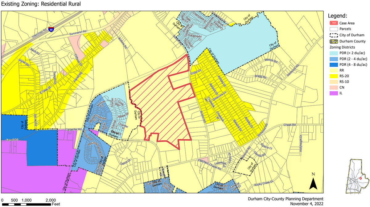 Jarrod Edens proposed to build 235 single-family homes in a neighborhood called Carpenter Falls east of downtown Durham, but the City Council declined to annex the property in a meeting on Monday, March 6, 2023.