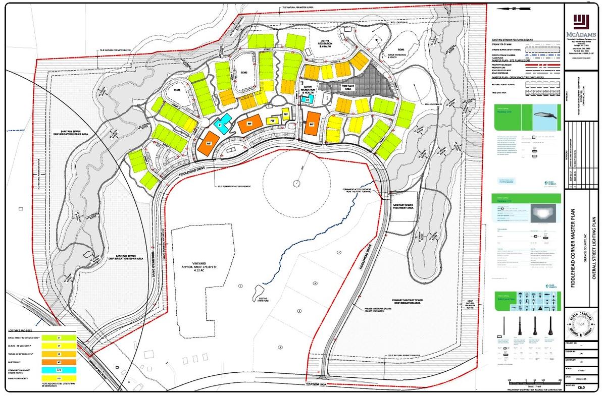 The original Fiddlehead Corner site plan submitted in 2024 included 150 homes, duplexes, triplexes and apartments on 90 acres off Morrow Mill Road in Orange County. The plan was revised in early 2025.