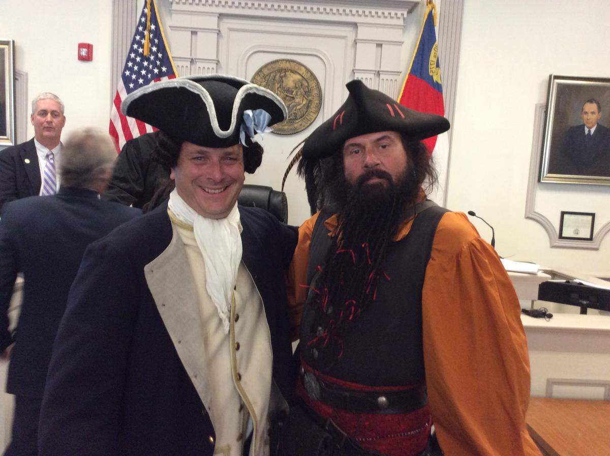 Blackbeard, played by Carl Cannon of Beaufort, and his nemesis, Lt. Robert Maynard, played by John Collamore of Virginia