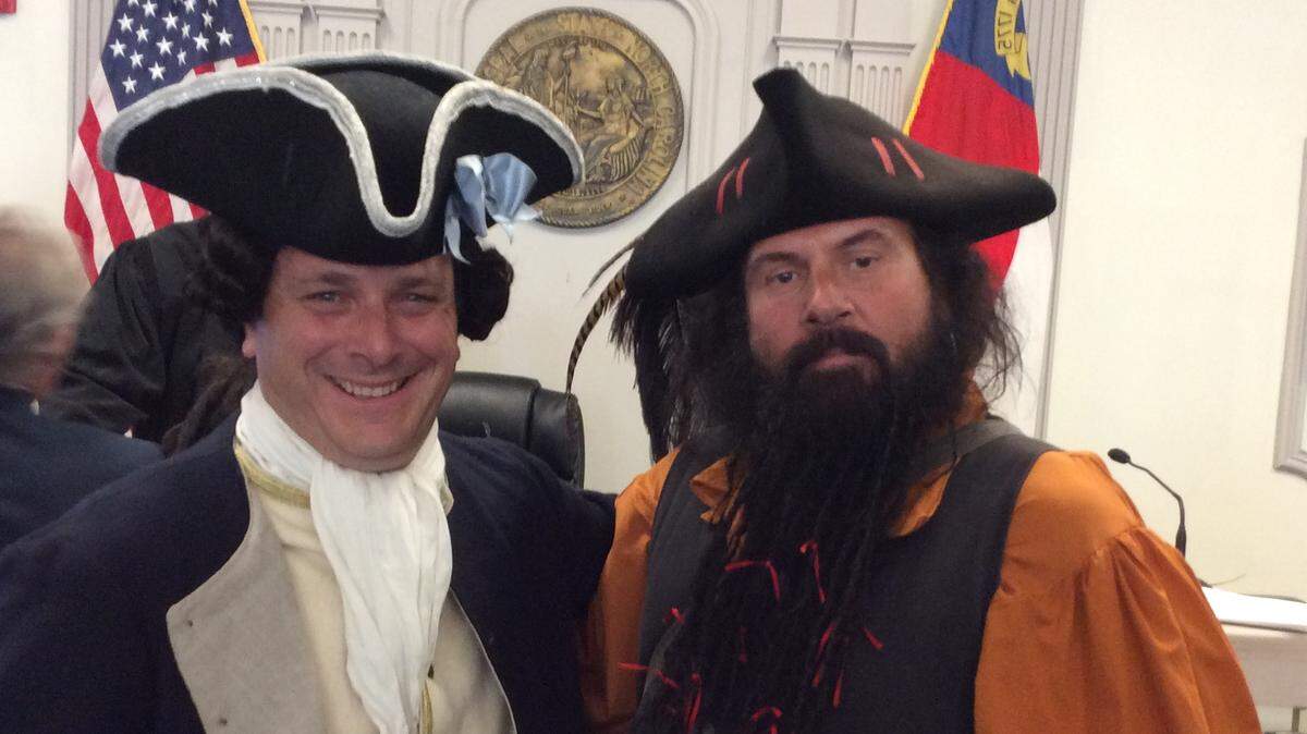 Blackbeard, played by Carl Cannon of Beaufort, and his nemesis,  Lt. Robert Maynard, played by John Collamore of Virginia