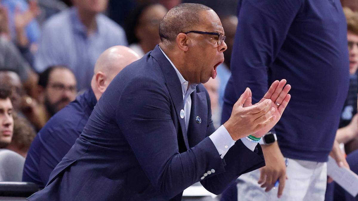 North Carolina head coach Hubert Davis encourages his team during the first half of UNC’s game against Wake Forest in the quarterfinals of the 2025 ACC Men’s Basketball Tournament at the Spectrum Center in Charlotte, N.C., Thursday, March 13, 2025.
