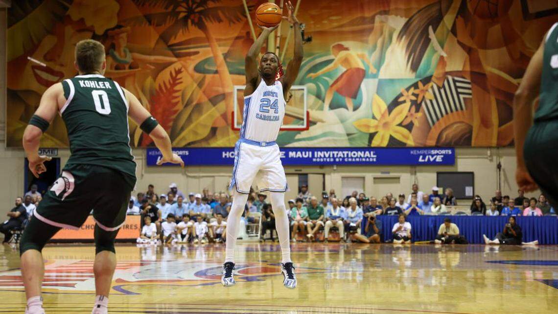LAHAINA, HAWAII - NOVEMBER 27: Jae'Lyn Withers #24 of the North Carolina Tar Heels takes a jump shot during the first half of the Maui Invitational against the North Carolina Tar Heels at the Lahaina Civic Center on November 27, 2024 in Lahaina, Hawaii. (Photo by Darryl Oumi/Getty Images)