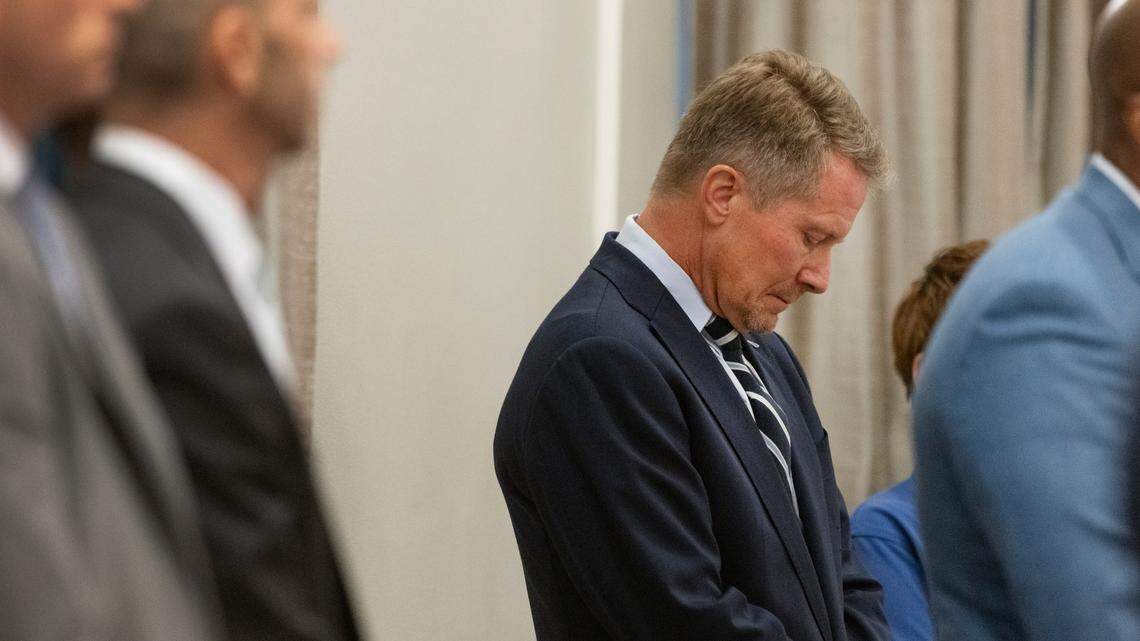 UNC-Chapel Hill Chancellor Kevin Guskiewicz listens during a press conference at the Carolina Inn following a shooting on the university campus on Monday, Aug. 28, 2023, in Chapel Hill, N.C.