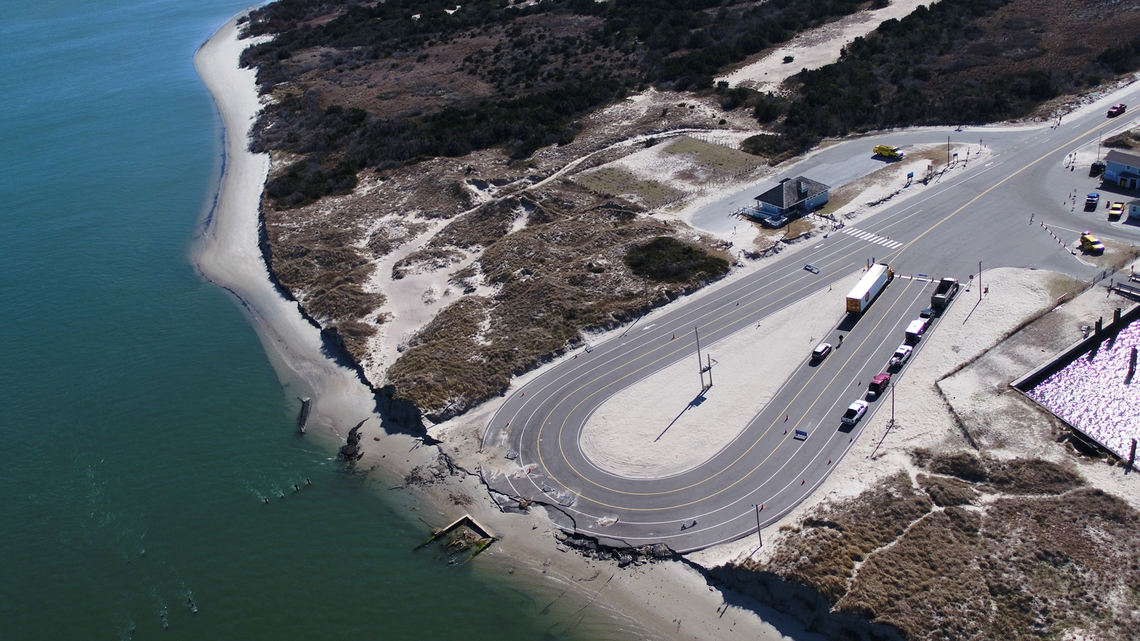 The “stacking lanes” at the South Dock ferry terminal on Ocracoke Island were still in use when this photo was taken in 2018. Erosion has continued to eat away at the tear-drop-shaped pavement, forcing the N.C. Department of Transportation to line cars up on the highway.