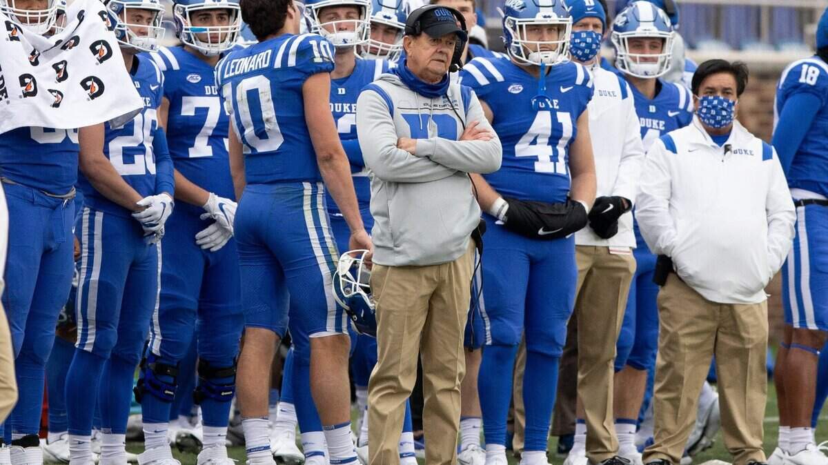 Duke Head Coach David Cuttcliffe looks towards the field during the final minutes of a loss against Pittsburgh in an NCAA football game in Durham, N.C., Saturday, Nov. 6, 2021.