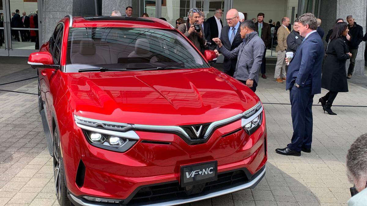 A VinFast VF8 SUV parked in front of the Raleigh Convention Center on March 29, 2022, the day the Vietnamese carmaker announced it would build a factory to make electric vehicles near Moncure in Chatham County.
