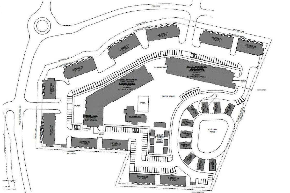 The Huse Street project could add 264 apartments, townhomes and cottages to the southwestern corner of Old Chapel Hill and Pope roads in Chapel Hill. Entrances would be across from Olde Coach Way and another EB Capital Partners project on Old Chapel Hill Road.
