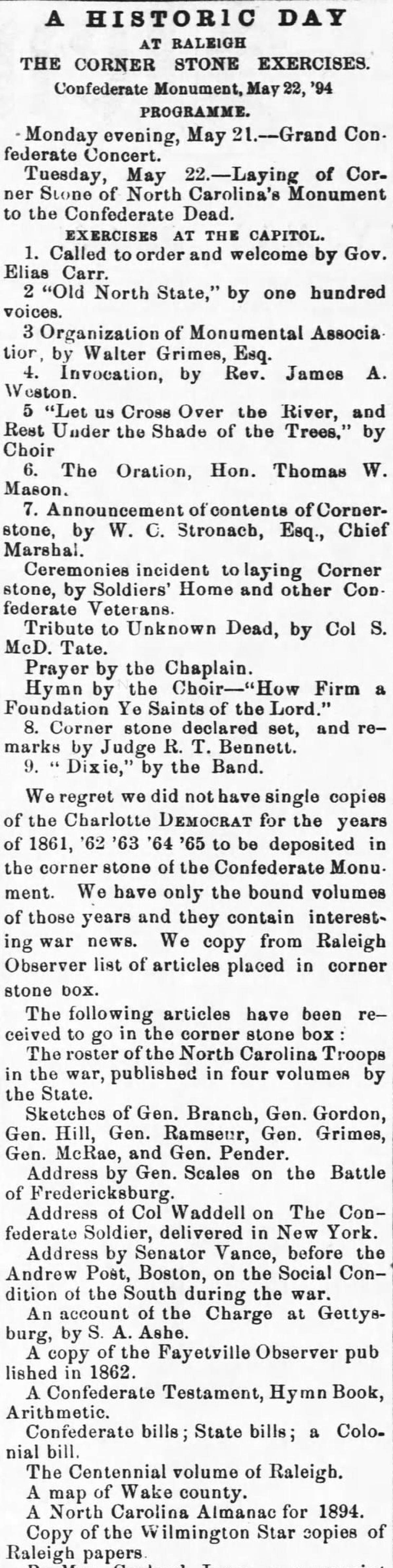 A newspaper clip from the Charlotte Democrat, dated May 25, 1894, lists the objects that were placed in the time capsule under the Confederate monument that was removed from the North Carolina State Capitol grounds. This is the first part.