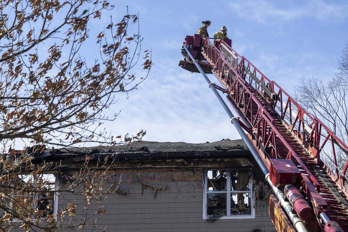 The scene at the Camden Westwood apartments at 2100 Summit Ridge Loop in Morrisville following a three-alarm fire that began Monday evening. The blaze ignited around 6 p.m. at one of the complex’s residential buildings. The fire affected 30 apartments and displaced approximately 70 residents. One person was taken to a local hospital for treatment while five others were treated at the scene for smoke inhalation.