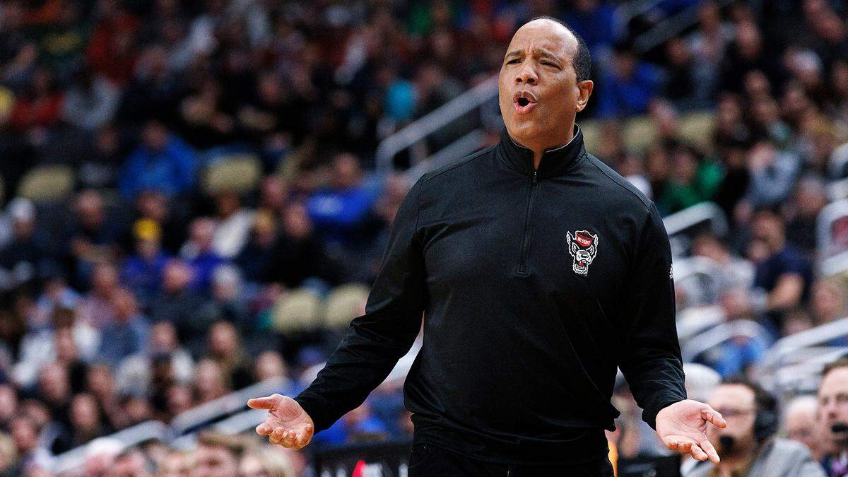 N.C. State head coach Kevin Keatts reacts on the sidelines during the first half of the Wolfpack’s NCAA Tournament second round game against Oakland on Saturday, March 23, 2024, at PPG Paints Arena in Pittsburgh, Pa.