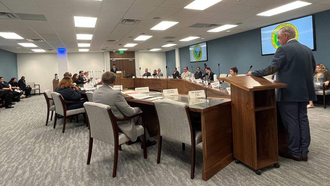 Rep. Steve Tyson, far right, presents House Bill 607 to a House Education committee on Thursday, April 27, 2023.