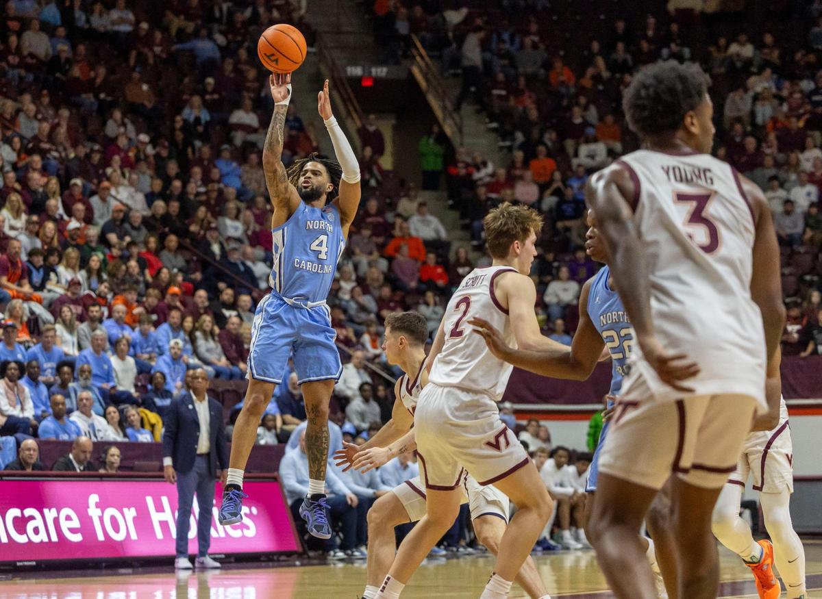 North Carolina guard R.J. Davis (4) launches a three point attempt in the first half against Virginia Tech on Tuesday, March 3, 2025 at Cassell Coliseum in Blacksburg, Va.