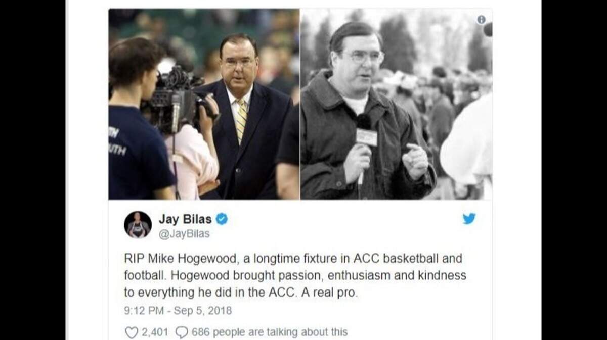 There were many tributes on Twitter Wednesday evening for Mike Hogewood, a former ACC broadcaster who passed away on Wednesday.