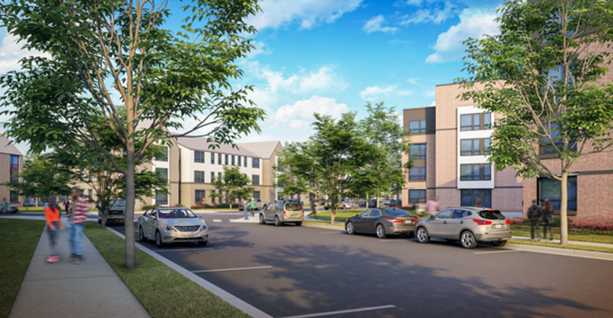 A street-view rendering from the proposal selected by the Durham Housing Authority for the redevelopment of Fayette Place, a vacant 20 acre lot between downtown and N.C. Central University.