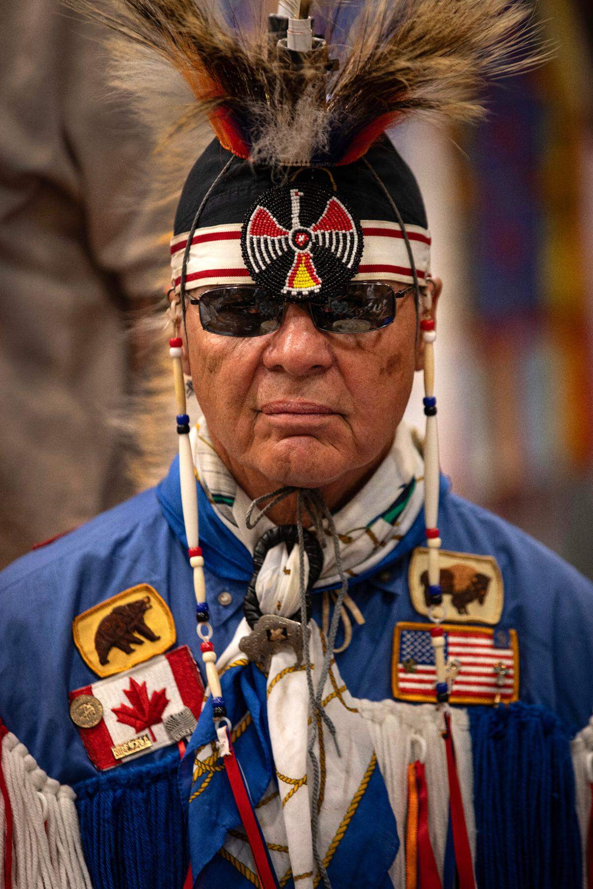 Bobby “Chicken” Wilson, a Lumbee, participates in a drum circle at the Bravenation Powwow and Gathering at Pembroke at UNC-Pembroke, Saturday, March 23, 2025.