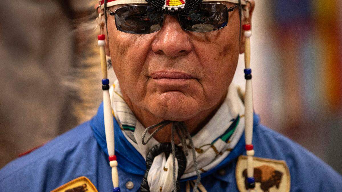 Bobby “Chicken” Wilson, a Lumbee, participates in a drum circle at the Bravenation Powwow and Gathering at Pembroke at UNC-Pembroke, Saturday, March 23, 2025.