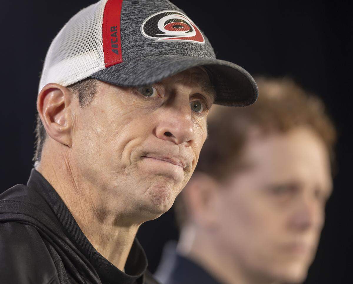 Carolina Hurricanes coach Rod Brind’Amour and general manager Eric Tulsky field questions during The Stanley Cup media day on Monday, June 1, 2026 at Lenovo Center in Raleigh, N.C.  