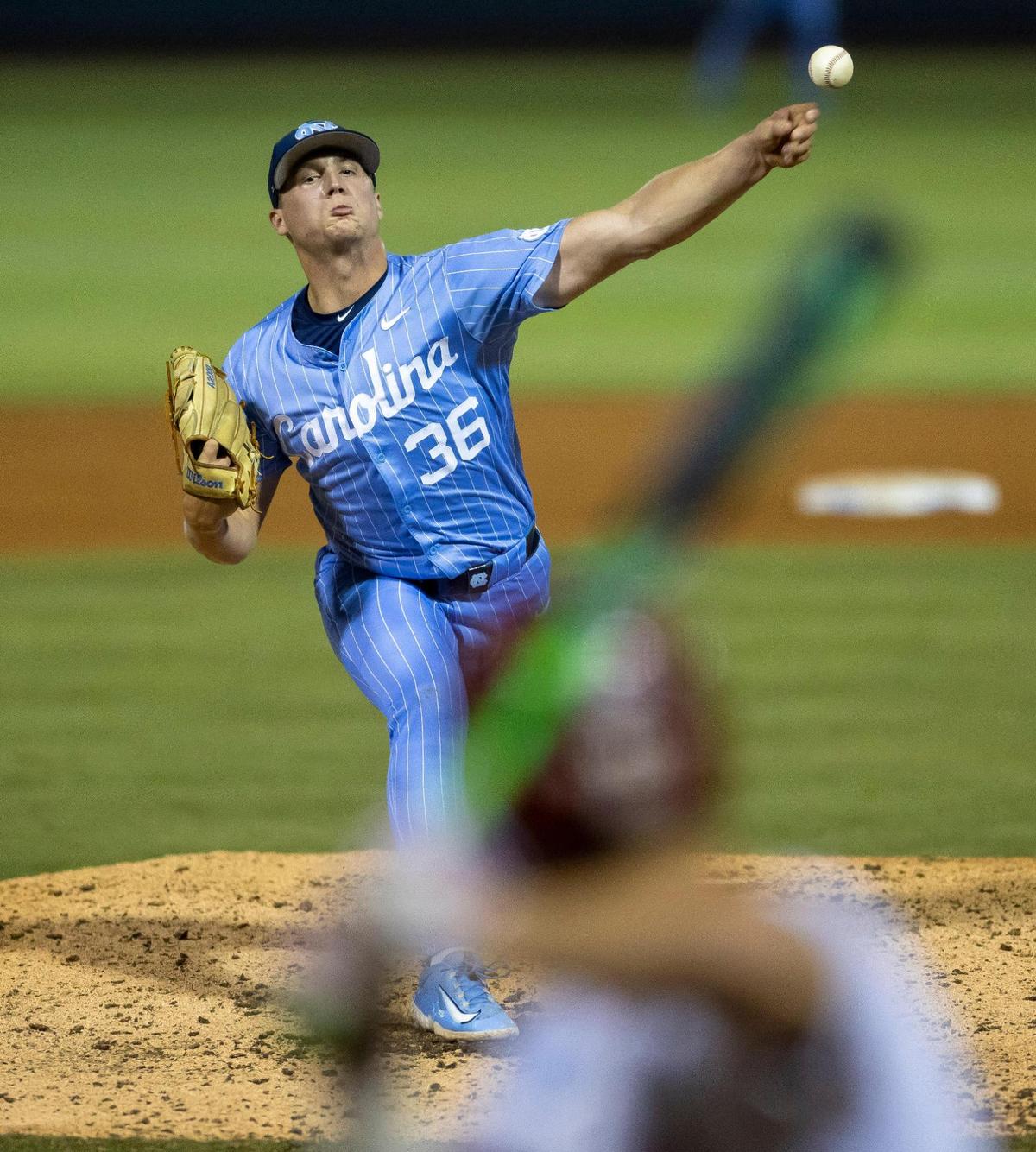 North Carolina pitcher Folger Boaz (36) works against Oklahoma first baseman Sam Christiansen (40) in the sixth inning during Game 6 of the NCAA Chapel Hill Regional on Sunday, June 1, 2025 at Boshamer Stadium in Chapel Hill, N.C.