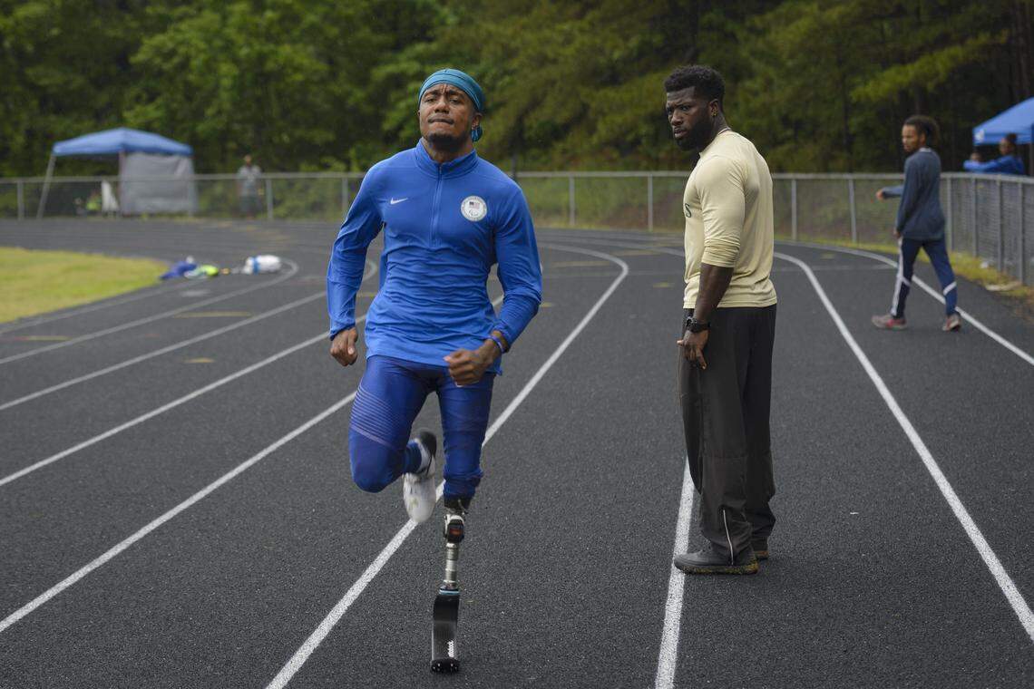 U.S. Paralympian Desmond Jackson warms up before his race in Durham, NC on June 8, 2019.