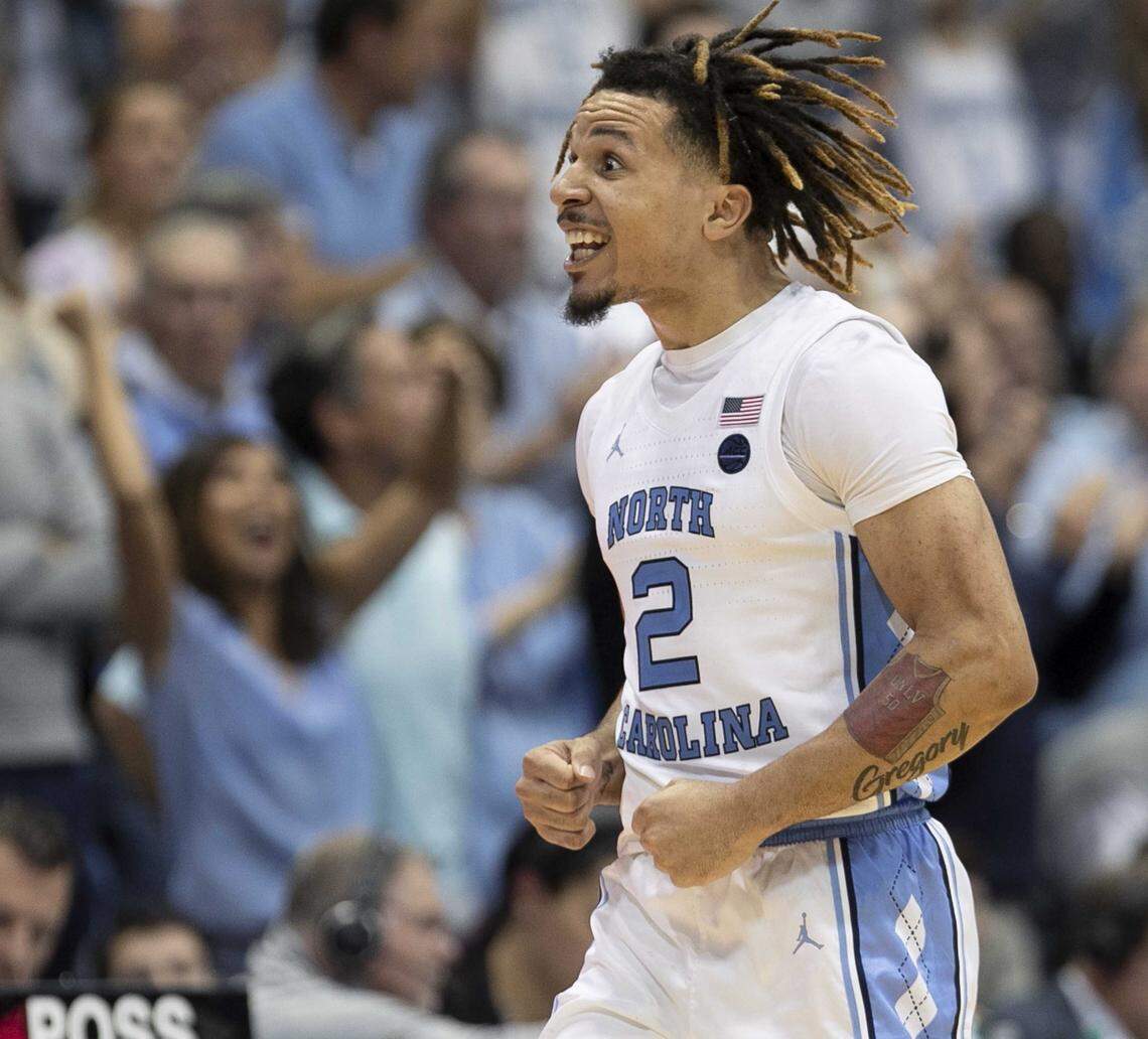 North Carolina’s Cole Anthony (2) reacts after sinking a three-point basket to give the Tar Heels’ a 58-50 lead over Notre Dame in the second half on Wednesday November 6, 2019 at the Smith Center in Chapel Hill, N.C.