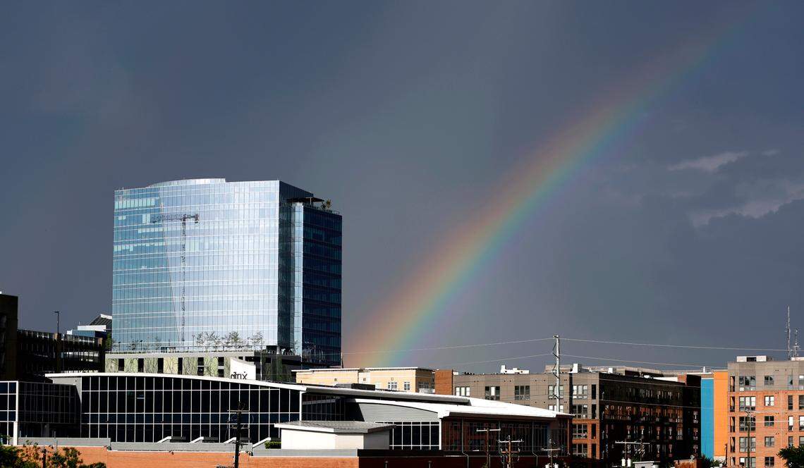 A rainbow appears to start near 301 Hillsborough tower, the headquarters of Pendo, in downtown Raleigh, N.C., Friday, May 27, 2022.