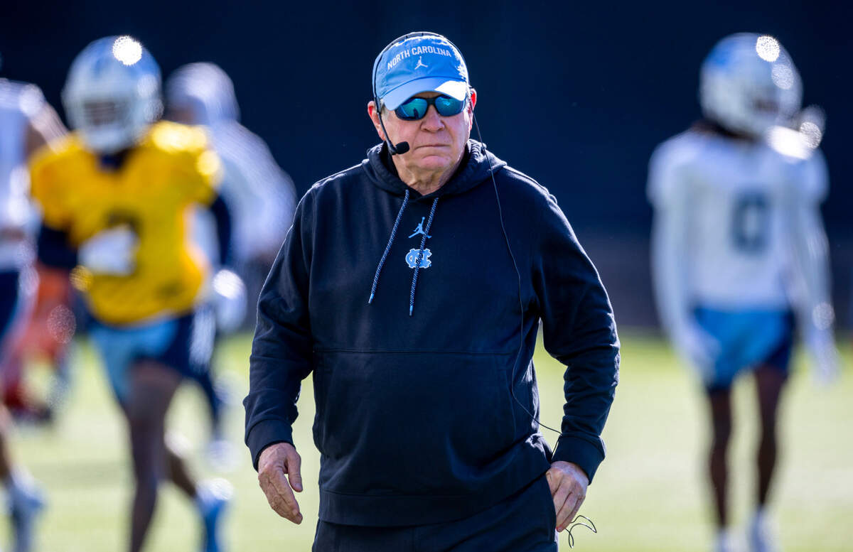 North Carolina coach Mack Brown watches his team during their first day of spring football practice on Tuesday, March 19, 2024 in Chapel Hill, N.C.