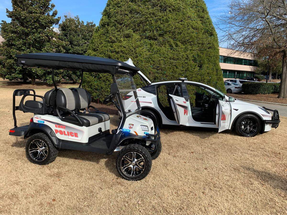 In addition to two Tesla Model Ys, the Cary Police Department also recently acquired an electric golf cart to patrol downtown.