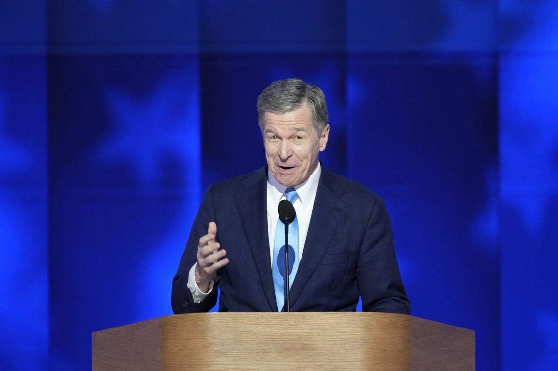 Aug 22, 2024; Chicago, IL, USA; North Carolina Gov. Roy Cooper speaks during the final day of the Democratic National Convention at the United Center. Mandatory Credit: Jasper Colt-USA TODAY