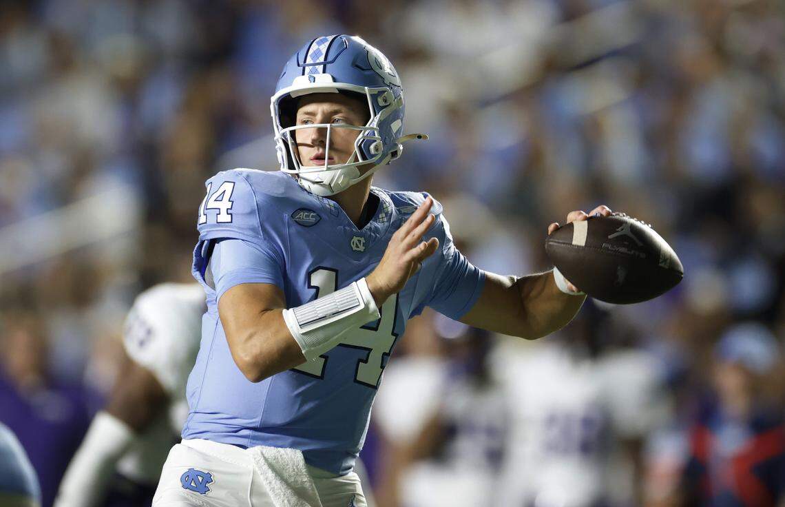 North Carolina quarterback Max Johnson (14) throws during the second half of UNC’s game against TCU at Kenan Stadium in Chapel Hill, N.C., Monday, Sept. 1, 2025.