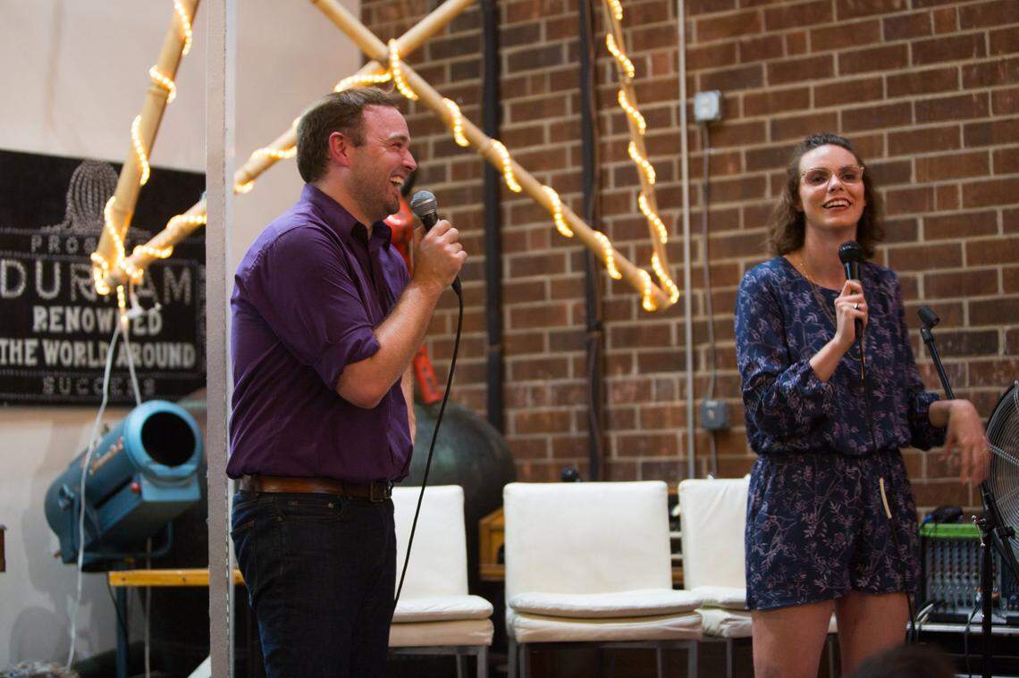 Brandon Holmes and Sarah Riddle host comedy dating show Love at First Pint at Fullsteam Brewery Wednesday, July 22, 2018.