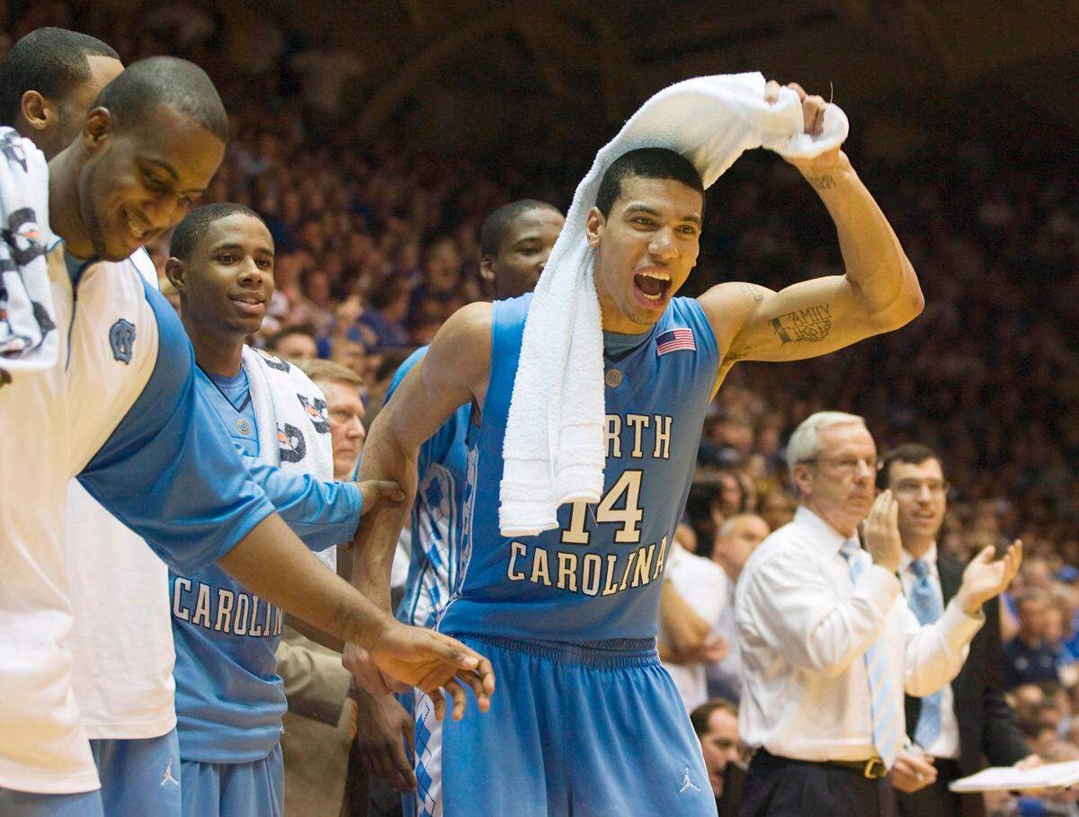 UNC’s Danny Green (14) celebrates a 12 point lead over Duke late in the second half on Wednesday February 11, 2009 in Cameron Indoor Stadium.