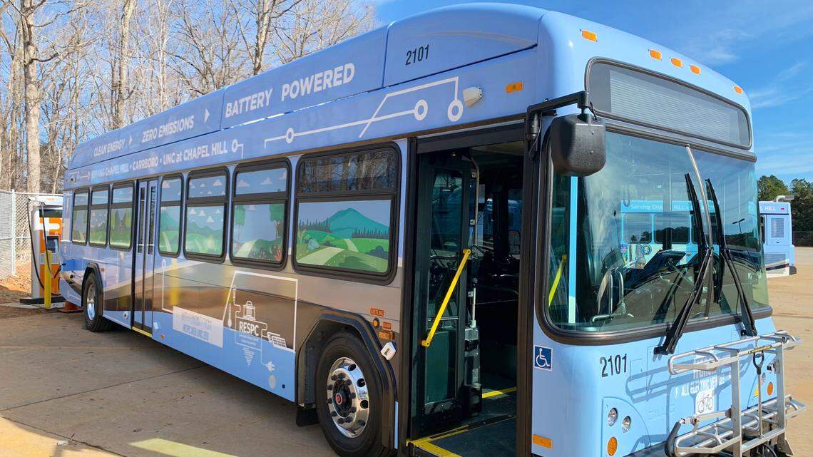 A Chapel Hill Transit electric bus like this one was destroyed by fire on Tuesday.