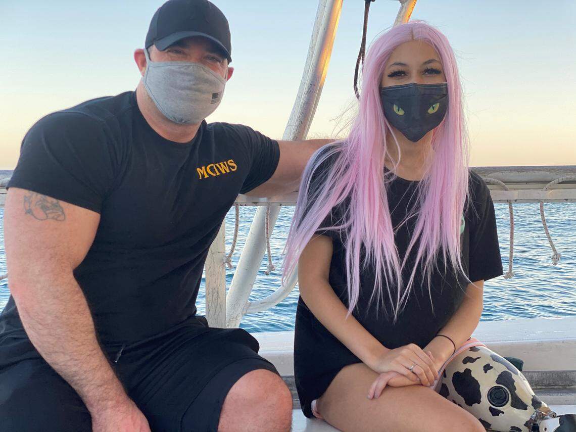 Paige Winter, right, and her father Charlie Winter set sail for a shark tagging expedition for the National Geographic Sharkfest documentary special “Shark Attack Investigation: The Paige Winter Story.”