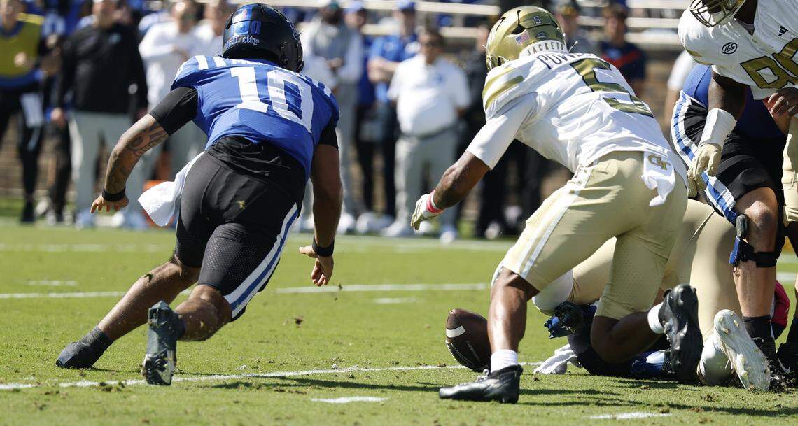 Duke quarterback Darian Mensah (10) dives after a fumble in the red zone during the first half of Duke’s game against Georgia Tech at Wallace Wade Stadium in Durham, N.C., Saturday, Oct. 18, 2025. Georgia Tech’s Omar Daniels returned the fumble for a touchdown.