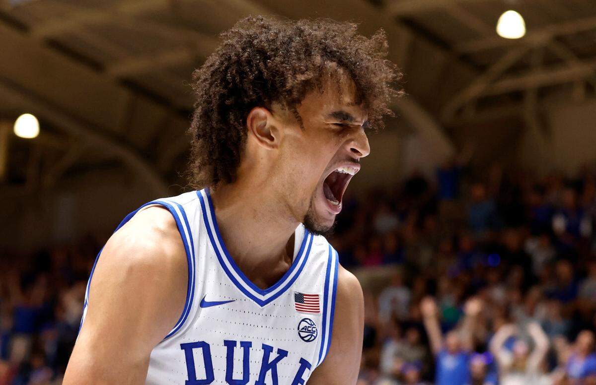Duke’s Dereck Lively II (1) reacts after slamming in two during the first half of Duke’s game against USC Upstate at Cameron Indoor Stadium in Durham, N.C., Friday, Nov. 11, 2022.