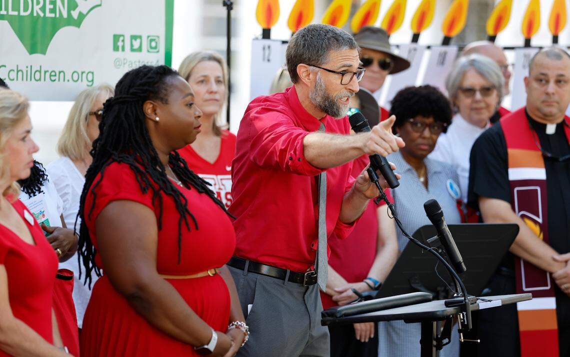 N.C. Association of Educators Vice President Bryan Proffitt speaks during a press conference held by Every Child NC in Raleigh, N.C. Wednesday, August 31, 2022. The press conference was held to urge the N.C. Supreme Court to order the state to fund the Leandro plan.