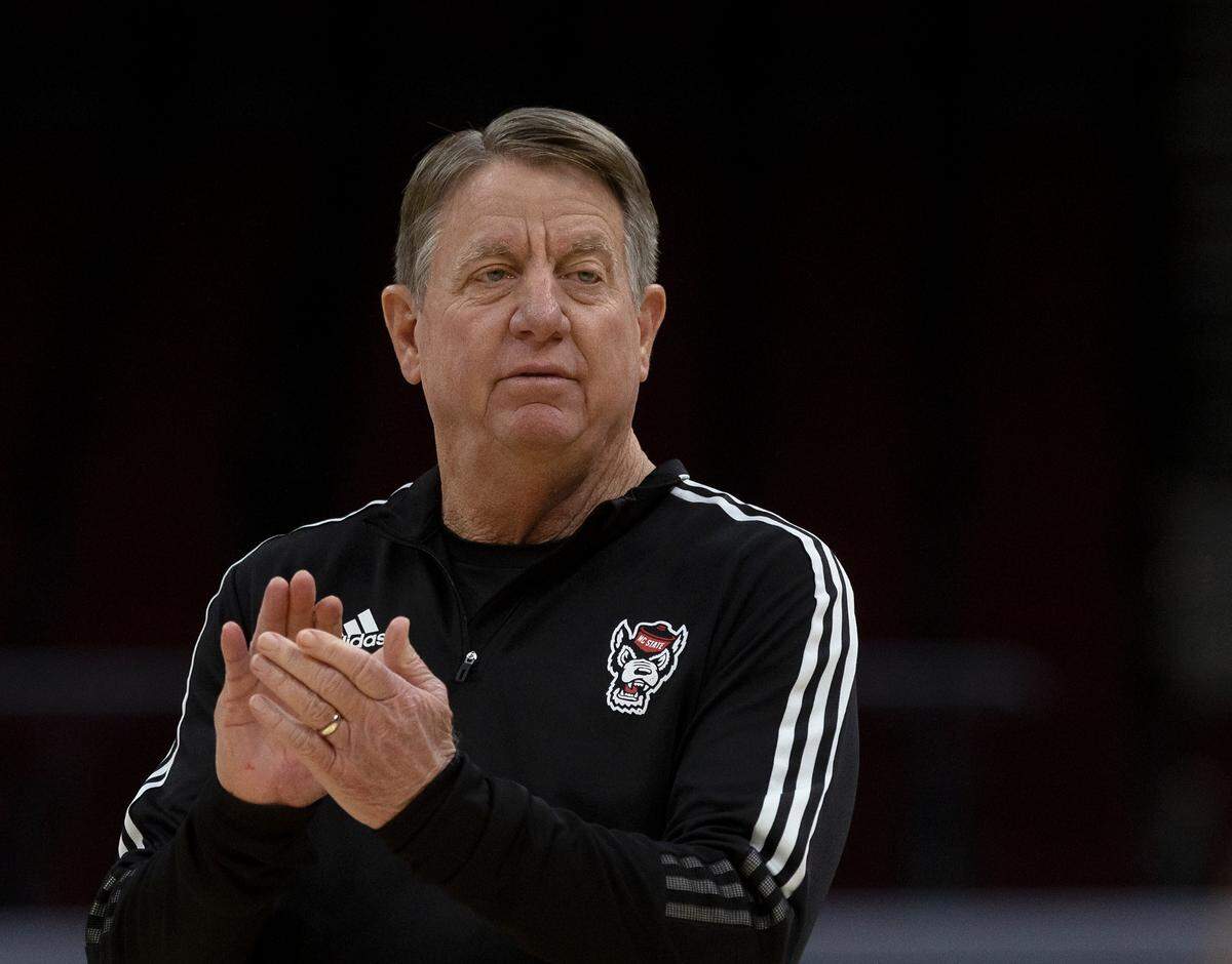N.C. State head coach Wes Moore watches during practice at Rocket Mortgage FieldHouse on Thursday, April 4, 2024, in Cleveland, Ohio. The Wolfpack will face South Carolina in the Final Four on Friday.