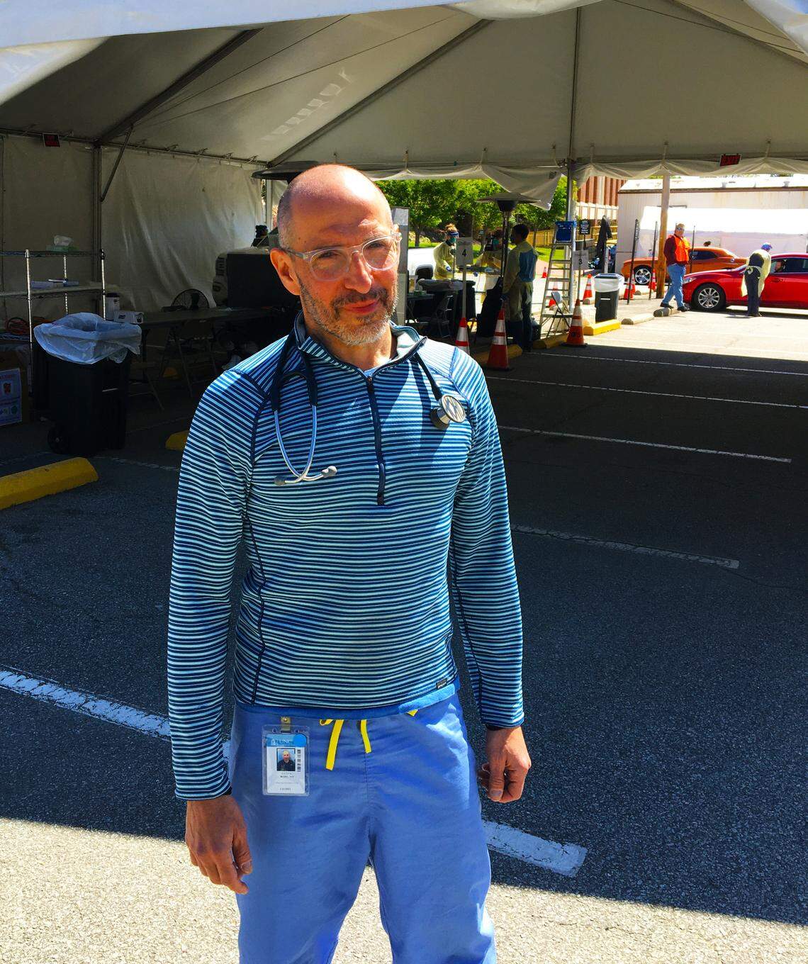 Dr. David Wohl, infectious disease specialist and researcher at UNC, outside a tent used to test people for coronavirus. Wohl and a team at UNC worked to set up drive-through testing sites, even calling Chick-fil-A to ask for tips on drive-thru efficiencies.
