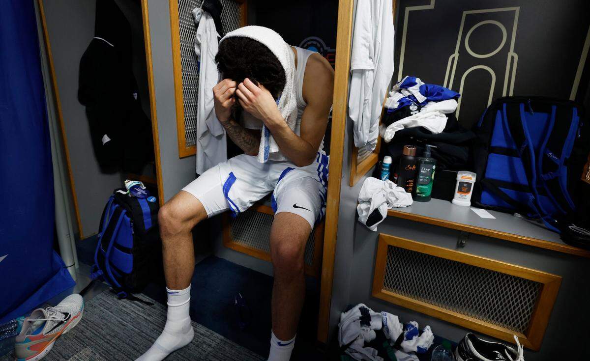 Duke’s Tyrese Proctor sits in the locker room after Houston’s 70-67 victory over Duke in the NCAA men’s national semifinal at the Alamodome in San Antonio, Texas, Saturday, April 5, 2025.