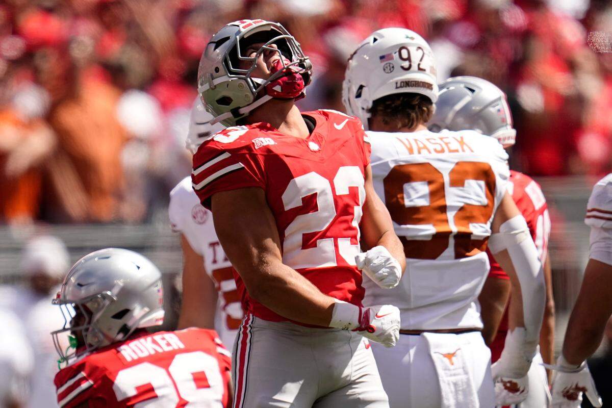 Ohio State Buckeyes linebacker Garrett Stover (23) celebrates during the second half of the NCAA football game against the Texas Longhorns at Ohio Stadium on Aug. 30, 2025. Ohio State won 14-7.