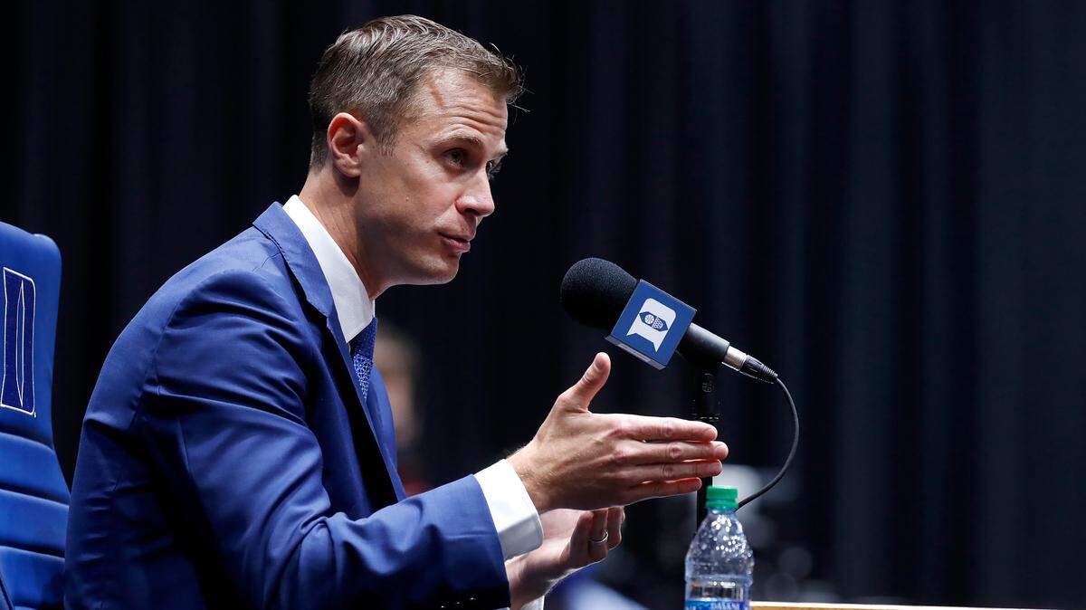 Jon Scheyer speaks after being introduced as Duke basketball’s 20th head coach during a press conference at Cameron Indoor Stadium in Durham, N.C., Friday, June 4, 2021.