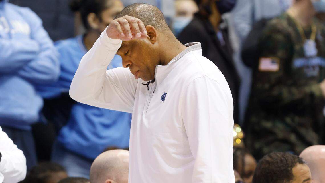 North Carolina head coach Hubert Davis heads back to his seat after Pittsburgh’s John Hugley scored while being fouled during the second half of Pitt’s 76-67 victory over UNC at the Smith Center in Chapel Hill, N.C., Wednesday, Feb. 16, 2022.