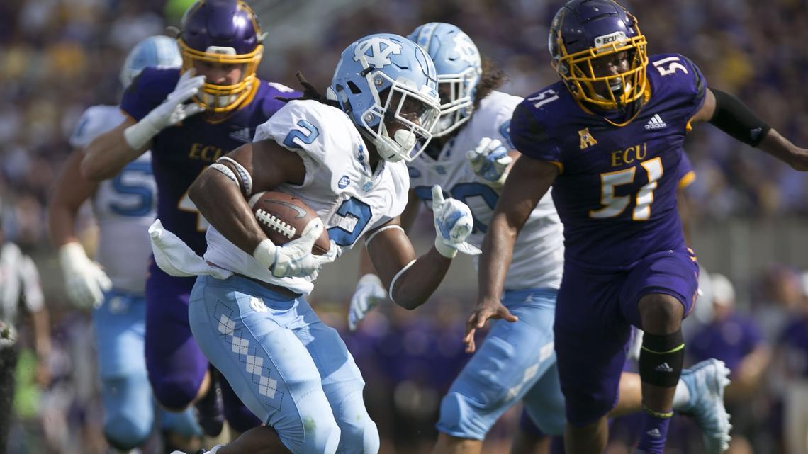 North Carolina’s Jordon Brown (2) scores a touchdown on a 12-yard run in the second quarter against East Carolina on Saturday, September 8, 2018 at Dowdy-Ficklen Stadium in Greenville, N.C.