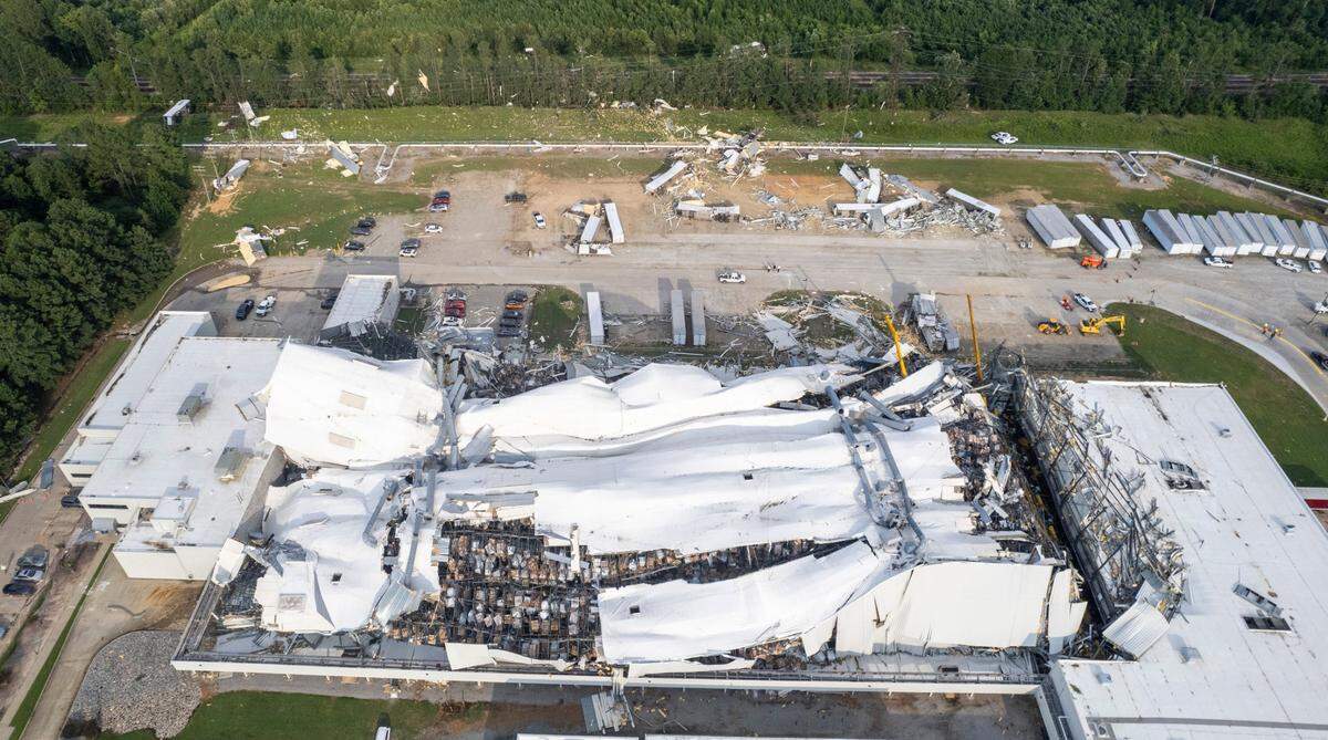 A section of a Pfizer facility in Rocky Mounty sustained heavy tornado damage Wednesday, July, 19, 2023.