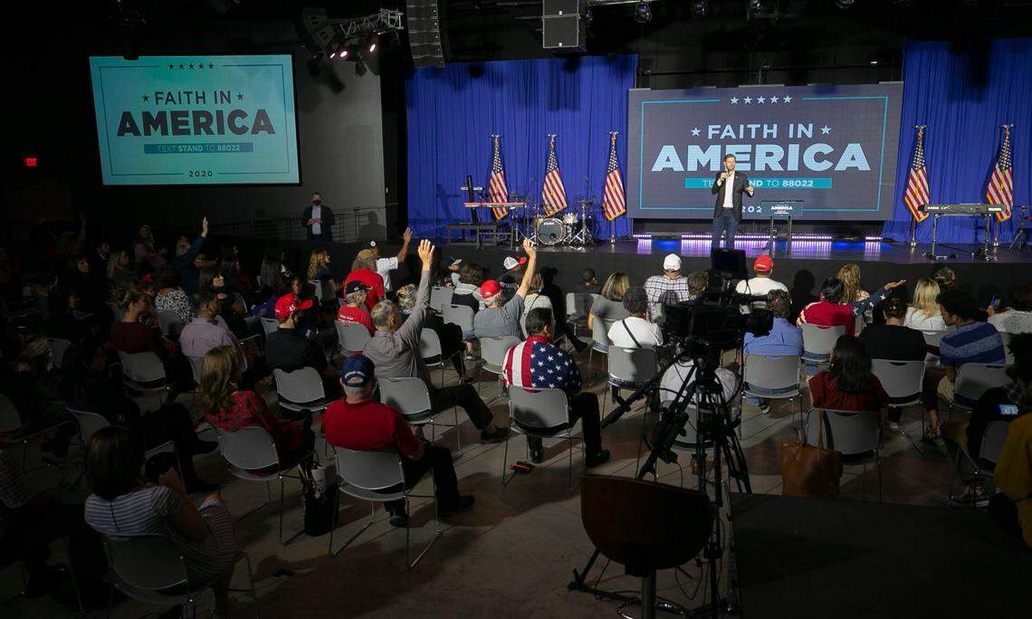 More than 500 people gathered for an an Evangelicals for Trump rally featuring Eric Trump, the son President Donald Trump at the RFA Church on Yonkers Road on Friday, October 23, 2020 in Raleigh, N.C.