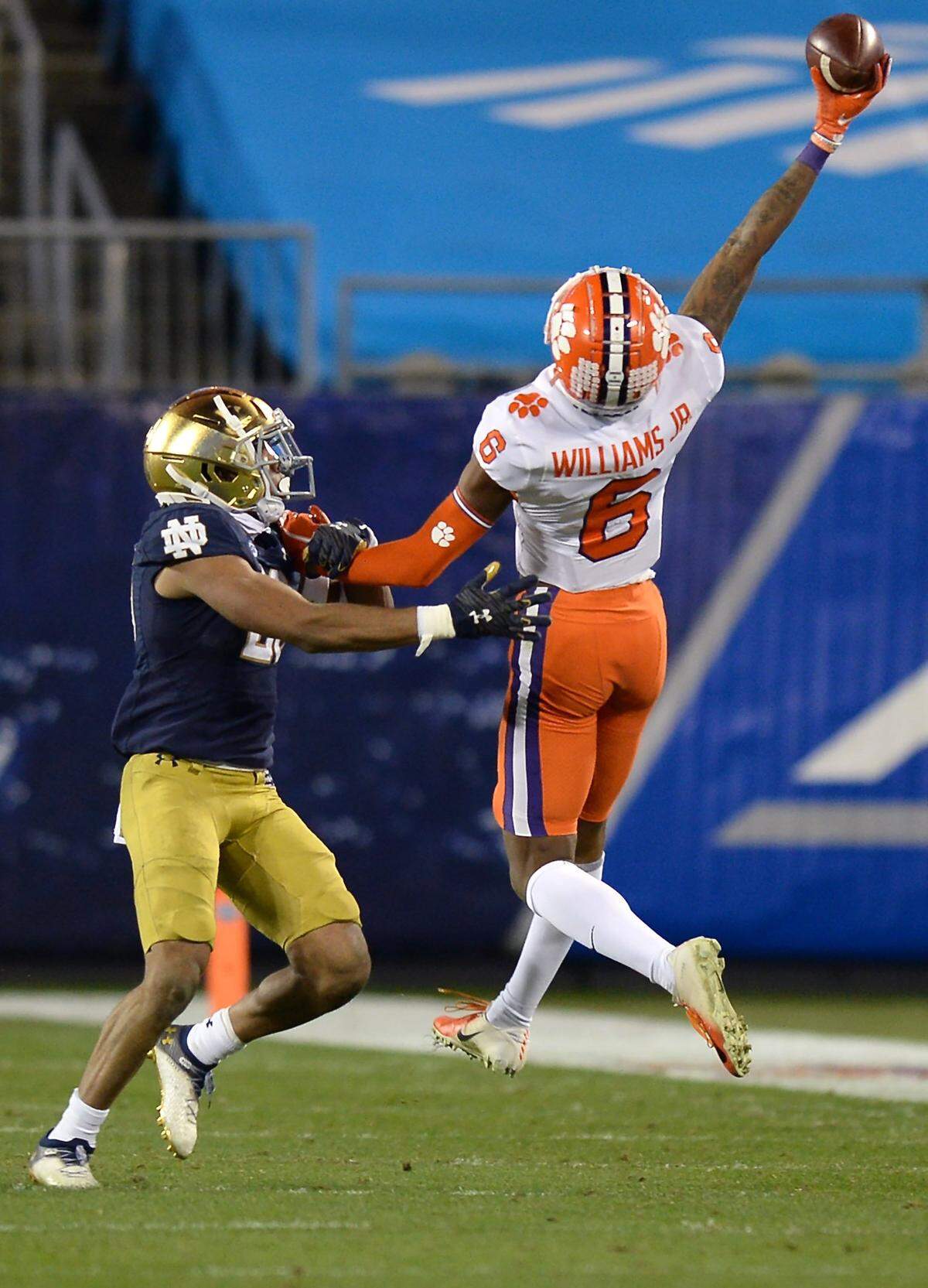 Clemson Tigers wide receiver E.J. Williams makes a one-handed catch from quarterback Trevor Lawrence during third quarter action of the ACC Championship game. Clemson defeated Notre Dame 34-10 to win the championship at Bank of America Stadium in Charlotte, NC on Saturday, December 19, 2020.  