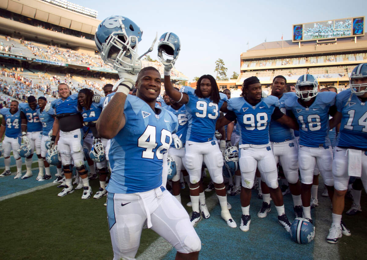 UNC’s Kevin Reddick (48) does a victory dance as he celebrates the Tar Heels’ 42-10 victory over James Madison on Saturday September 3, 2011 at Kenan Stadium in Chapel Hill, N.C.