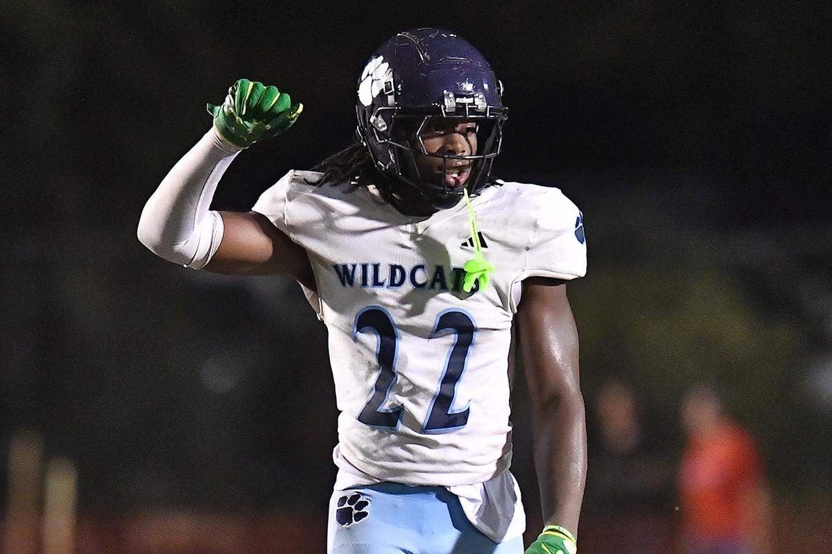 Millbrook defensive tackle Rashad Streets (22) reacts to situation on the field against Rolesville. The Millbrook Wildcats and the Rolesville Rams met in a conference football game in Rolesville, N.C. September 26, 2025